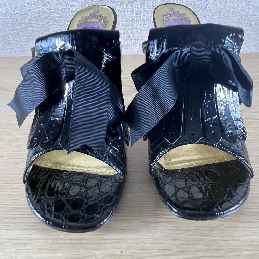 Hale Bob Pony Hair Plaid Patent Leather Mule Heels Bow Peep Toe 10 CityCore - Picture 12 of 14